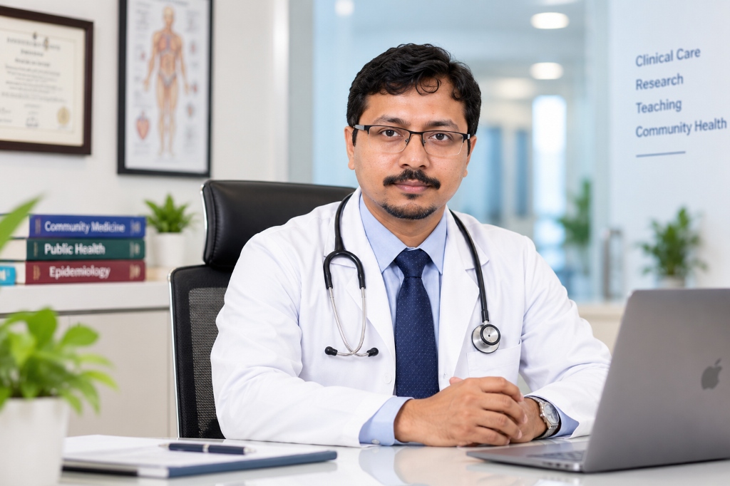 Prof. Dr. Sandeep Kumar Panigrahi in medical consultation clinic with stethoscope, laptop and clinical literature